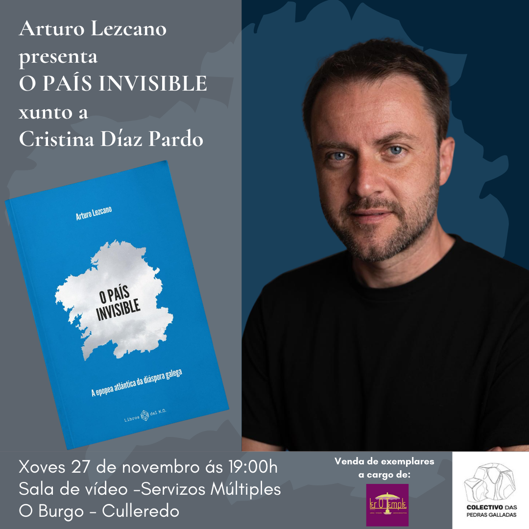 Cartaz presentación  libro Arturo Lezcano en decembro de 2025 organizado polas Pedras Galladas.